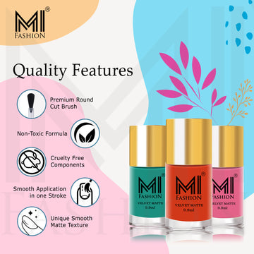 MI Fashion Matte Finish Get a Smooth, Velvety Look with Our Matte Nail Polish (Pale Brown, Light Carmine Pink, Rich Maroon, Heathered Grey)