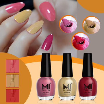 MI Fashion Ultra Glossy & HD Shine, Long-Lasting Nail Polish Combo For Professional Look Pack of 3 (15ML each)(Mauve Brown,Nude,Red)