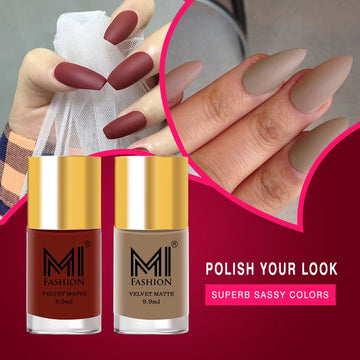 MI Fashion Matte Magic Experience the Magic of Our Long-Lasting Matte Nail Polish Pack of 2 (9.9ML each) (Red,Skin Nude)