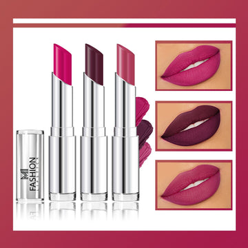 MI Fashion Be Bold and Beautiful with Our Creamy Matte Lipstick for a Stunning Effect (Pack of 3pcs 3.5gm) (Magenta Wine Berry Purple Peach)