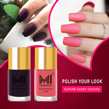 MI Fashion Matte Magic Experience the Magic of Our Long-Lasting Matte Nail Polish Pack of 2 (9.9ML each) (Purple,Peach)