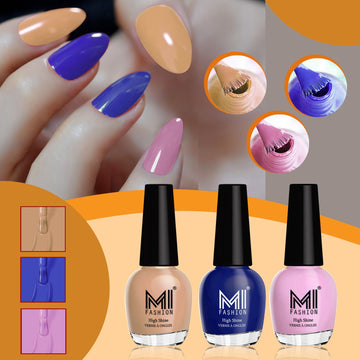 MI Fashion Nail Polish With Radiant Shine And High Defination Which Remains Long-Lasting Pack of 3 (15ML each)(Sweet Nude,Royal Blue,Nude Pink)