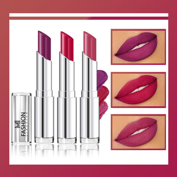 MI Fashion Get Ready to Shine with Our Creamy Matte Lipstick for a Fabulous Look (Pack of 3pcs 3.5gm) (Palatinate Purple Pinkish Red Purple Peach)