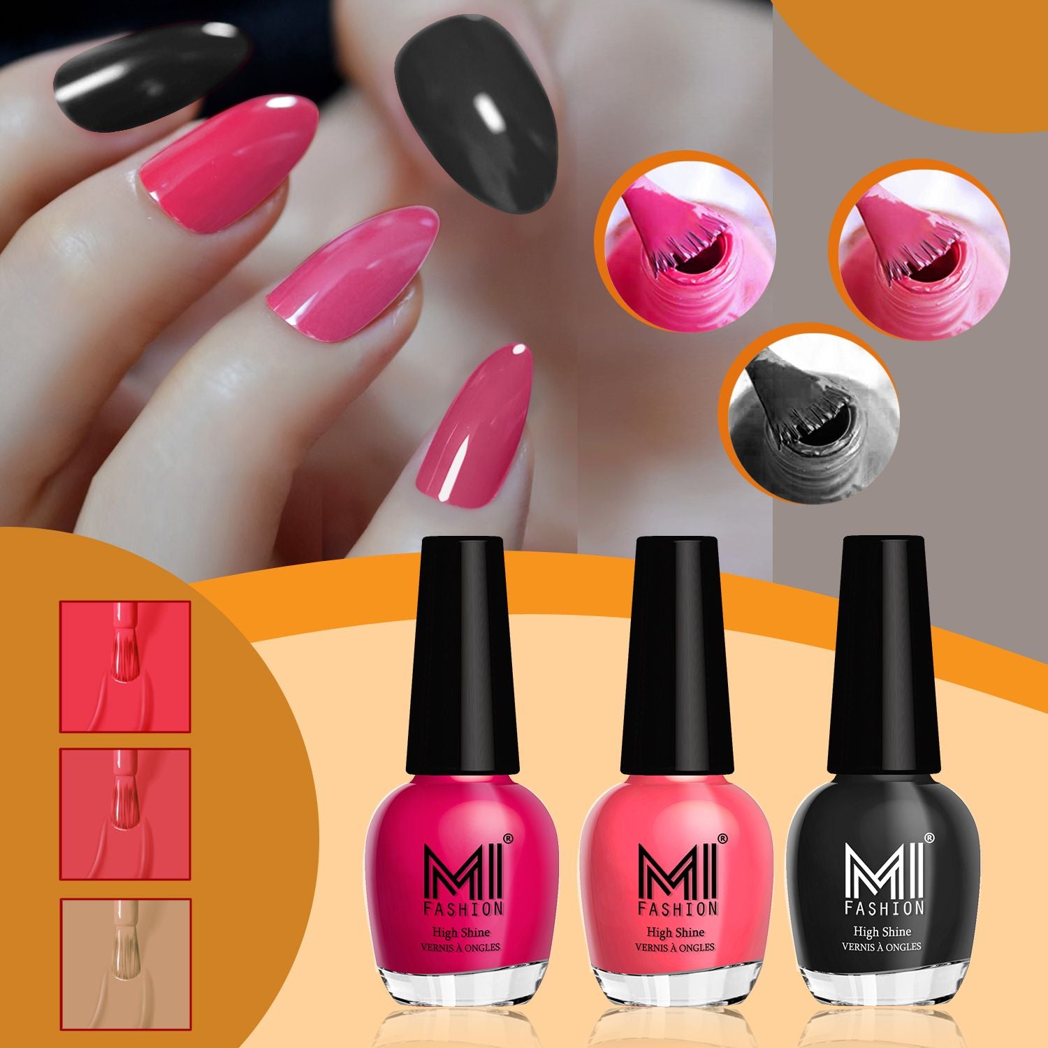 MI Fashion Nail Paint For Perfect Trendy Colors, Never-Ending HD Look for Superb Shine Pack of 3 (15ML each)(Moon Magenta,Pink Mania,Jet Black)