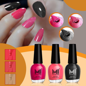MI Fashion Nail Paint For Perfect Trendy Colors, Never-Ending HD Look for Superb Shine Pack of 3 (15ML each)(Moon Magenta,Pink Mania,Jet Black)