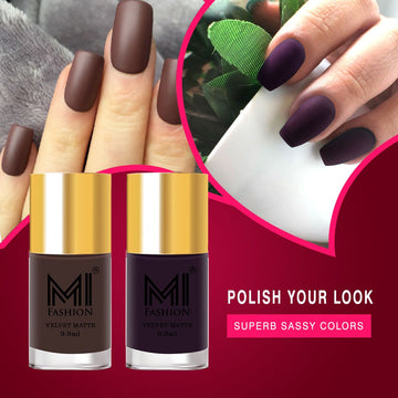 MI Fashion Matte Magic Experience the Magic of Our Long-Lasting Matte Nail Polish Pack of 2 (9.9ML each) (Coffee,Purple)