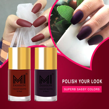 MI Fashion Unleash Your Diva Our Matte Nail Polish Comes in a Wide Range of Bold Shades Pack of 2 (9.9ML each) (Red,Purple)