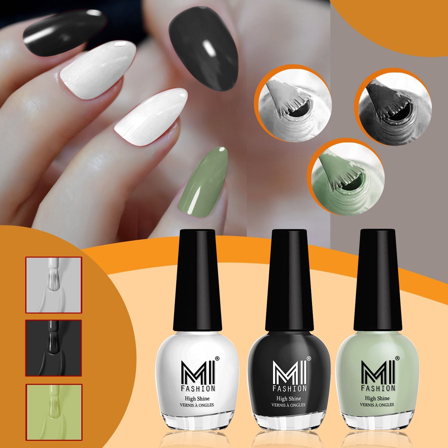 MI Fashion Nail Paint Set for a Glossy Finish That Lasts All Day Long (Milky White,Jet Black,Mischievous Mint)