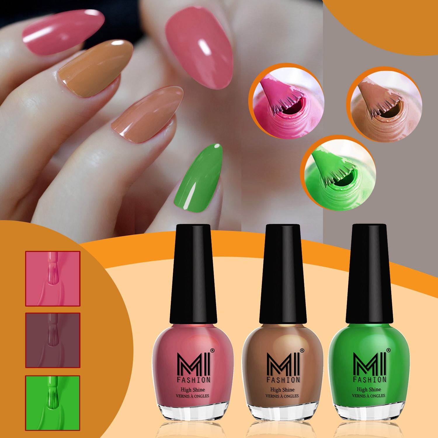 MI Fashion Nail Polish With Radiant Shine And High Defination Which Remains Long-Lasting Pack of 3 (15ML each)(TAN,Dark Nude,Grass Green)